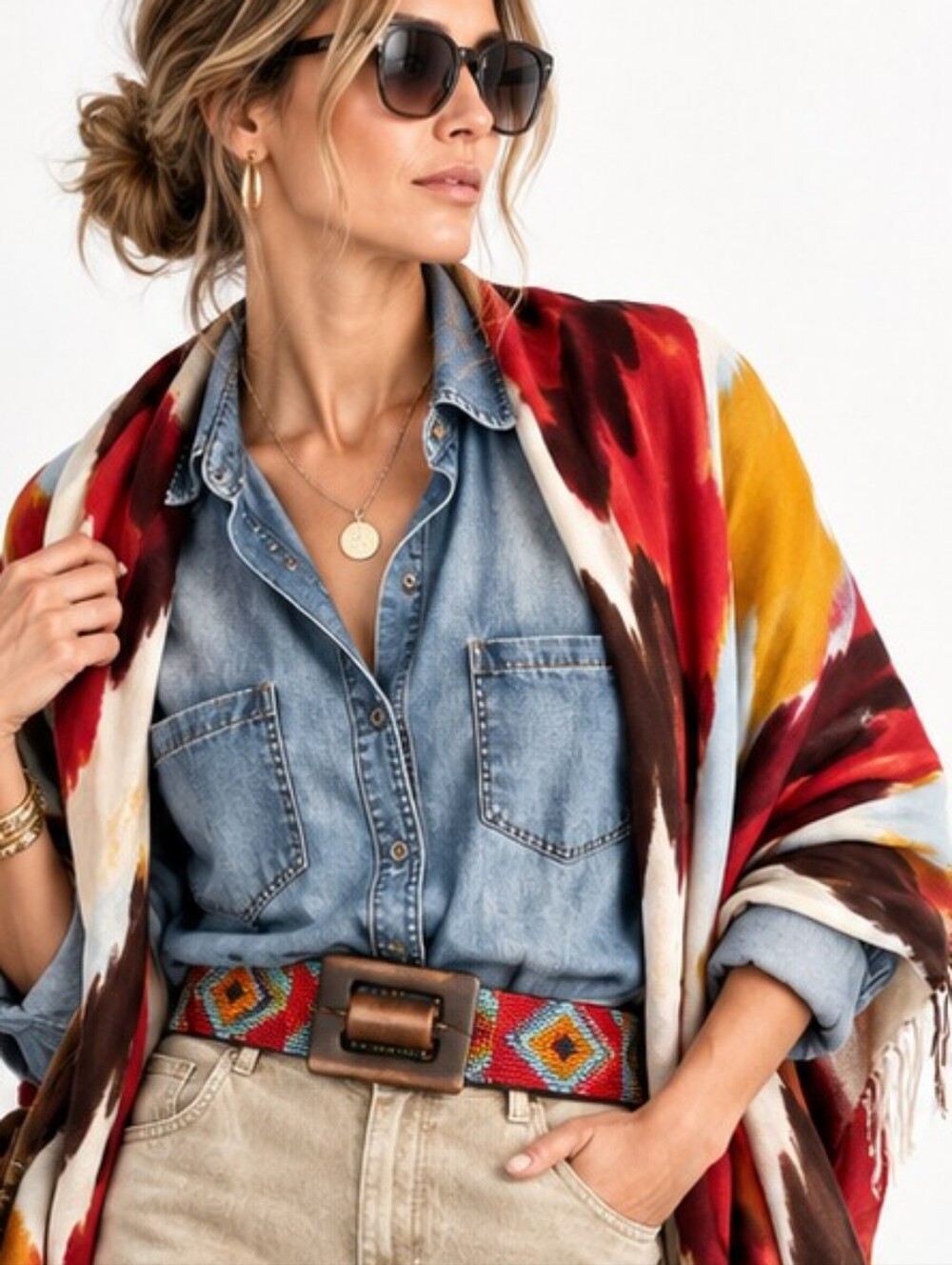 Dear John Top Denim Blue Button-Up Shirt Tab Sleeves Western Style